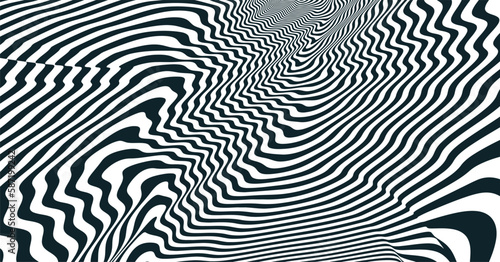 The geometric background by stripes. Black and white modern pattern with optical illusion. 3d vector illustration for brochure, annual report, magazine, poster, presentation, flyer or banner.