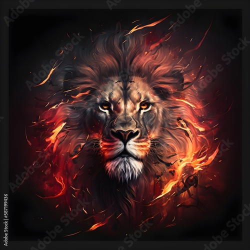 illustration of lion head   Lion  the head of a lion in a fire flame  create using generative AI 