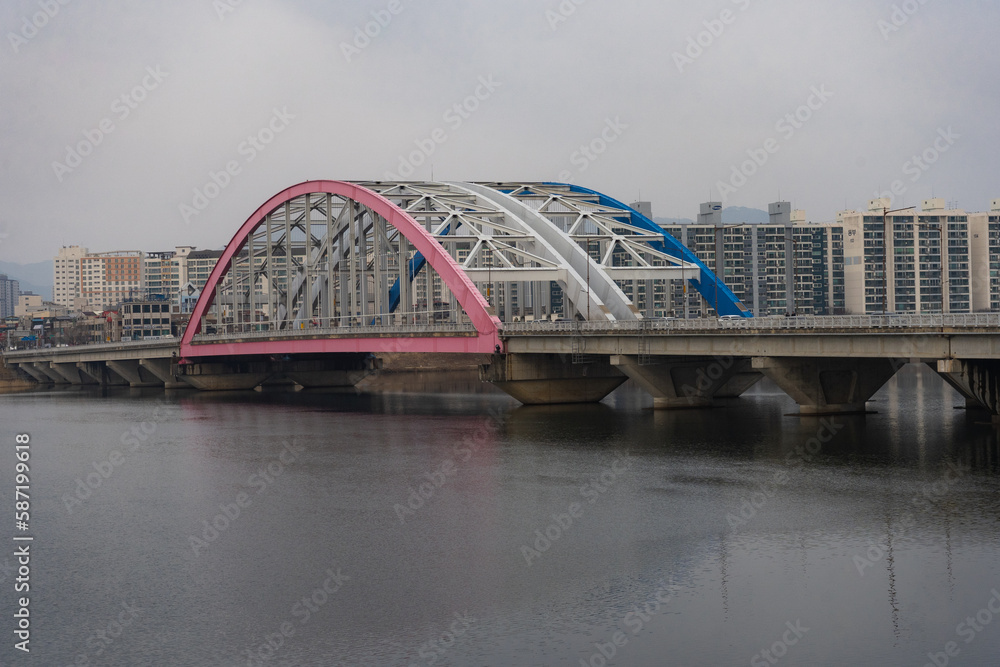 Naklejka premium View of Soyang 2 Bridge over Soyang river during winter afternoon at Chuncheon , South Korea : 11 February 2023