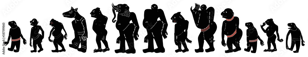 Nang Talung Thai Shadow Puppet. Silhouettes of a group of black creature. Vector illustration.