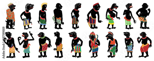 Shadow Puppet in traditional costume. Set of leather puppet. Vector illustration