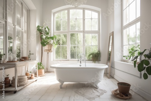 white boho bath with wide windows. Generative AI © AkuAku