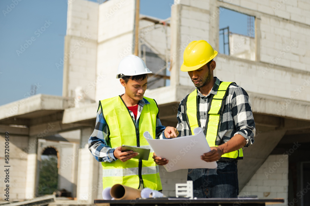Contractor and architect looking at plan, tablet, laptop and talking about working on big project. Building in construction process interior. Contractor and architect looking at plan, tablet, laptop and talking about working on big project. Building in construction process interior.