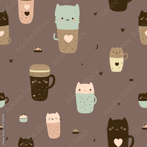Seamless pattern with kawaii cat-shaped coffee cups