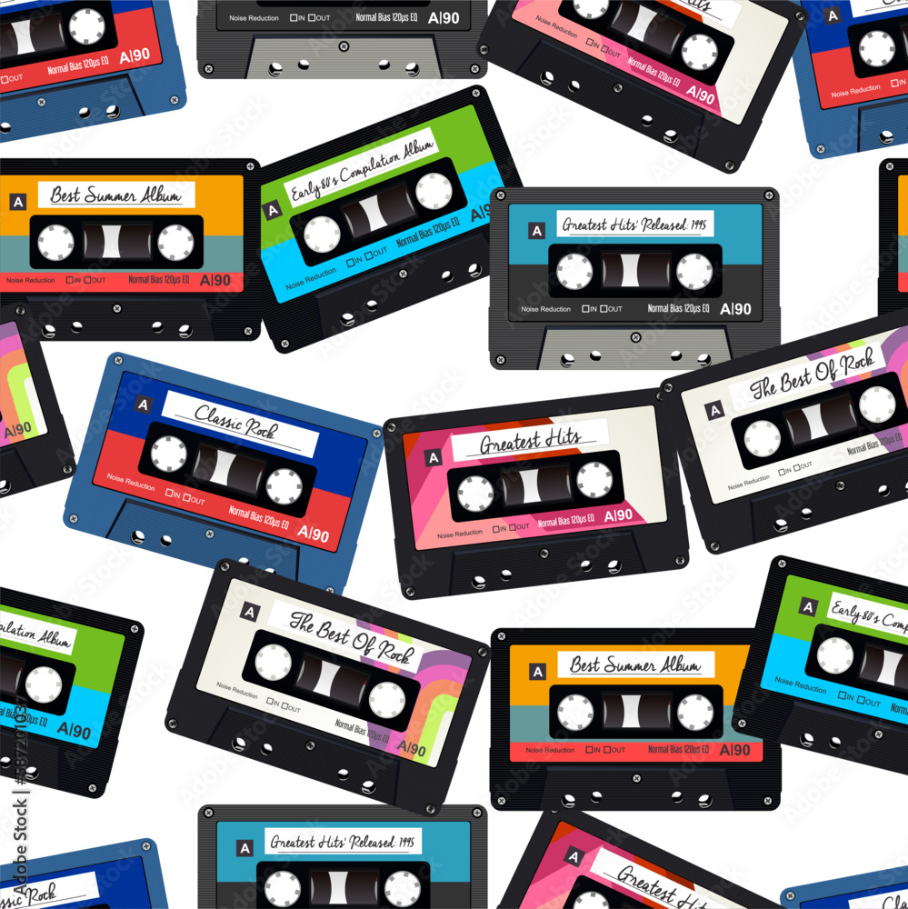 Naklejka premium Old colorful audio cassettes seamless background