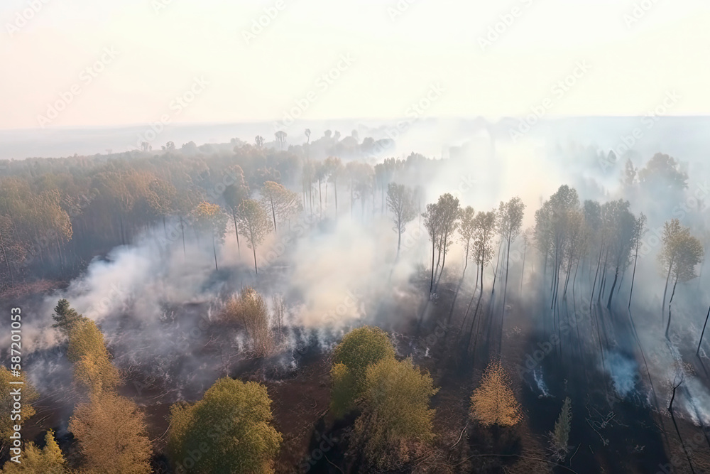 A strip of Dry Grass sets Fire to Trees in dry Forest: Forest fire - Aerial drone top view