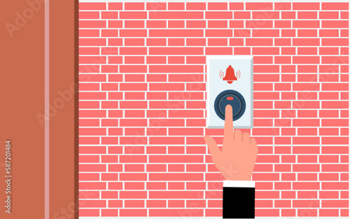 Man presses the doorbell button flat vector illustration.