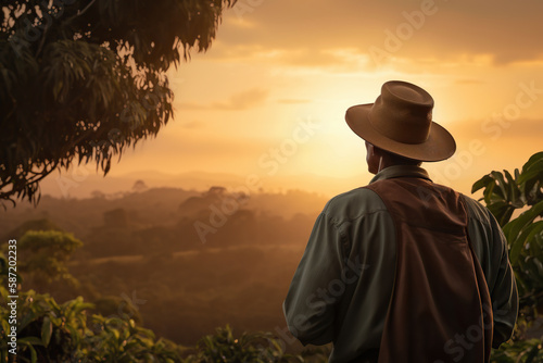 Coffee farmer looking at the plantation at suns. Generative AI photo