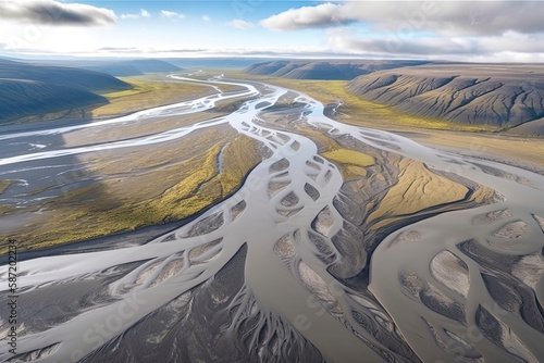 Aerial view of braided river. Scenic view of Markarfljot in Iceland