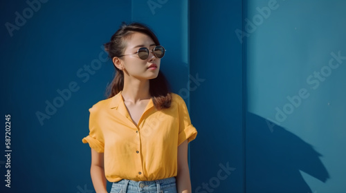 Image Generated AI. Portrait of an asian woman against a blue wall, Generative AI