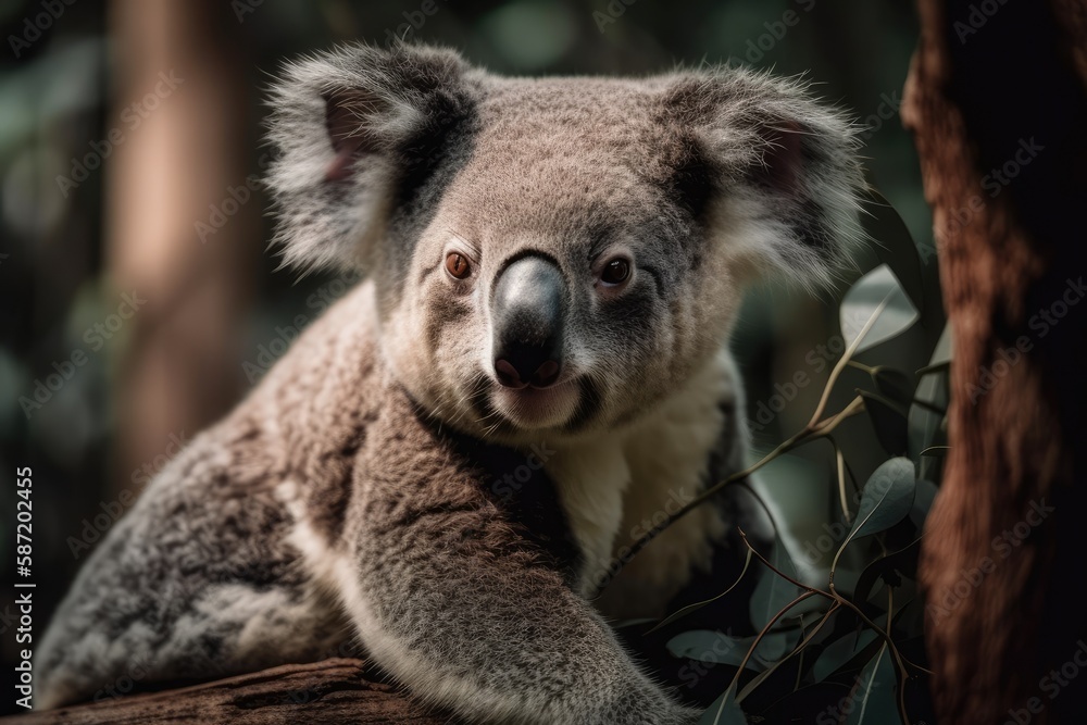 Fototapeta premium Koala is perched on a tree. Generative AI
