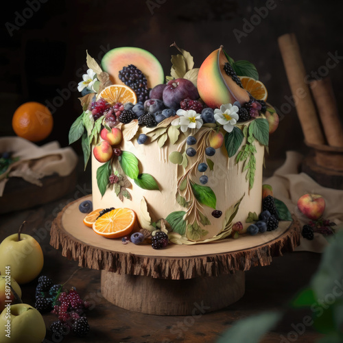 Rustic Cake With Fruit And Greenery Garnish. Generative AI photo