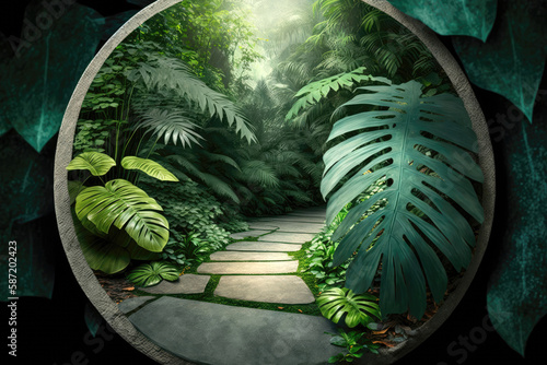Round Stone Catwalk Among Green Tropical Leaves. Generative AI
