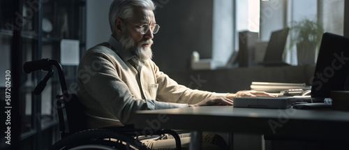 Image Generated AI. Disabled mid age businessman working on lap top, Generative AI photo