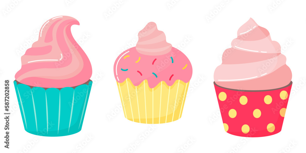 A set of sweet delicious cupcakes with cream and multicolored sugar sprinkles. Vector illustration of baking in a flat style. A set of sweet delicious cupcakes with cream and multicolored sugar sprinkles. Vector illustration of baking in a flat style.