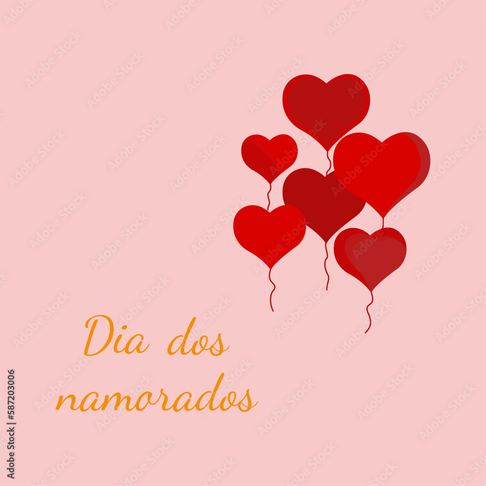 Postcard, background, red hearts on a rope, balloons and a yellow inscription, dia dos namorados on a pink background. Valentine's Day in Brazil. Vector image, illustration, graphic design.