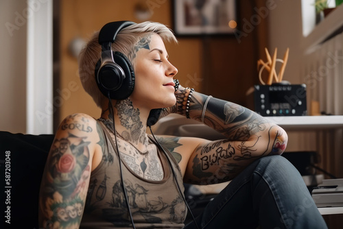 contemporary tattooed woman listening to music at home. Generative AI, Generative AI