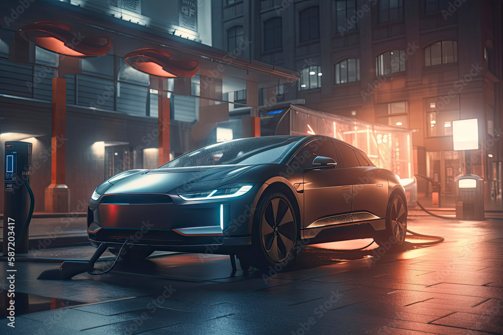 electric vehicle at a charging station in the city. All items in the scene are 3D, charging station and concept cars are not based on any real ones