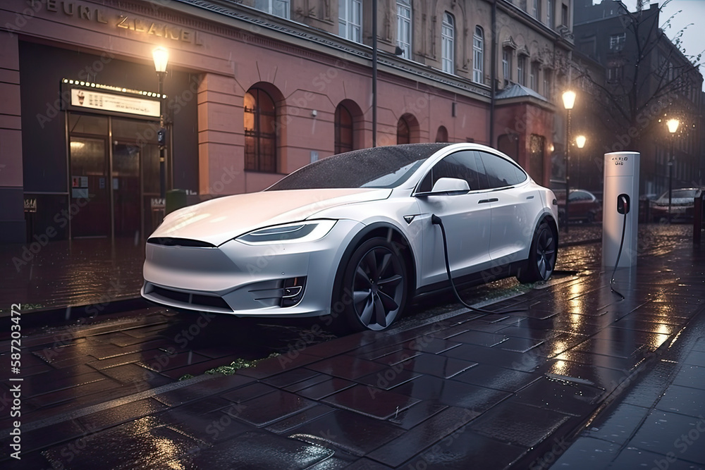 Obraz premium electric vehicle at a charging station in the city. All items in the scene are 3D, charging station and concept cars are not based on any real ones