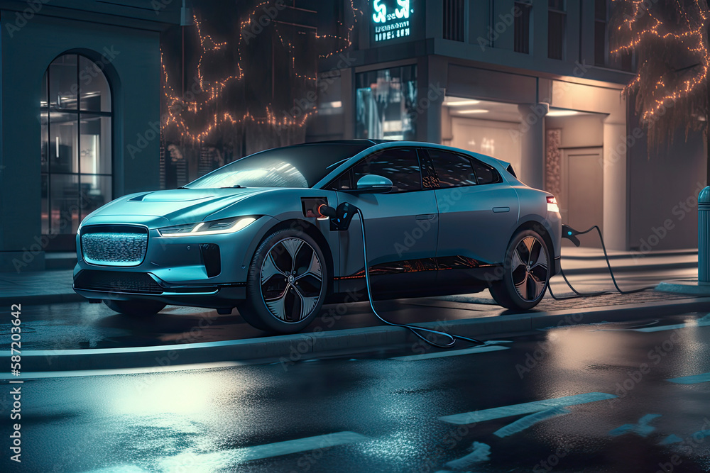 electric vehicle at a charging station in the city. All items in the scene are 3D, charging station and concept cars are not based on any real ones