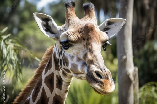 Amazing zoo. New Zealand's Auckland. A giraffe. The zoo is crucial for the preservation of the animal kingdom. Active, environmentally conscious, and educational tourism. Generative AI © AkuAku