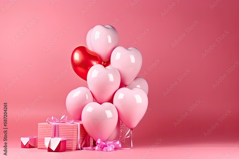 balloon heart shape in pink studio with gift boxes