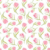 Seamless floral pattern with watercolor pink tulips