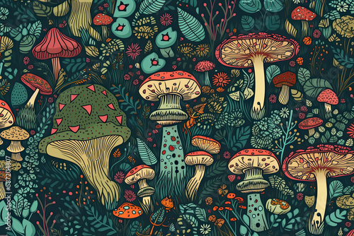 Cottagecore garden seemless pattern mushrooms wildflowers frogs snails, psychedelic