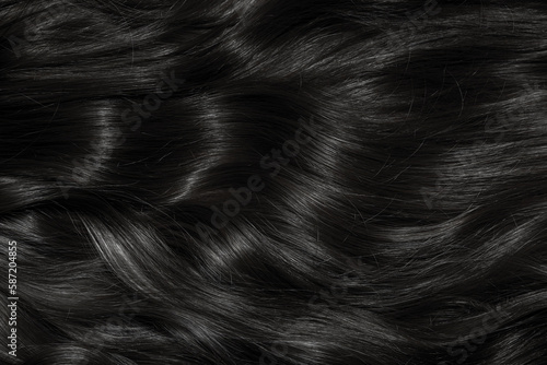 Brunette or black hair. Female long dark hair in black. Beautifully laid curls. Closeup texture in a dark key. Hairdressing, hair care and coloring. Shading gray hair. Background with copy space. © Vera