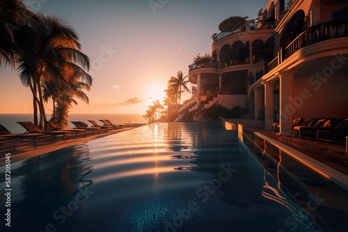 Luxurious Sunset, Tropical Resort Bliss. Generative AI