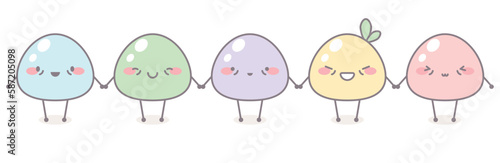 Cute mochi set. Cartoon character with kawaii face, japanese dessert. Japanese mochi rice dessert. Set of sweets