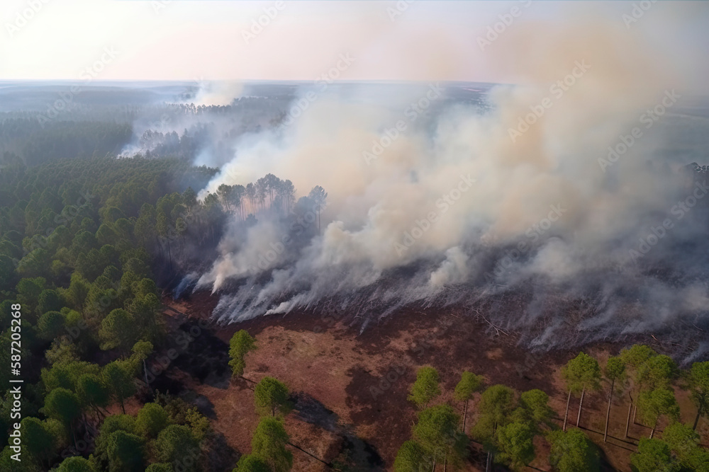 A strip of Dry Grass sets Fire to Trees in dry Forest: Forest fire - Aerial drone top view