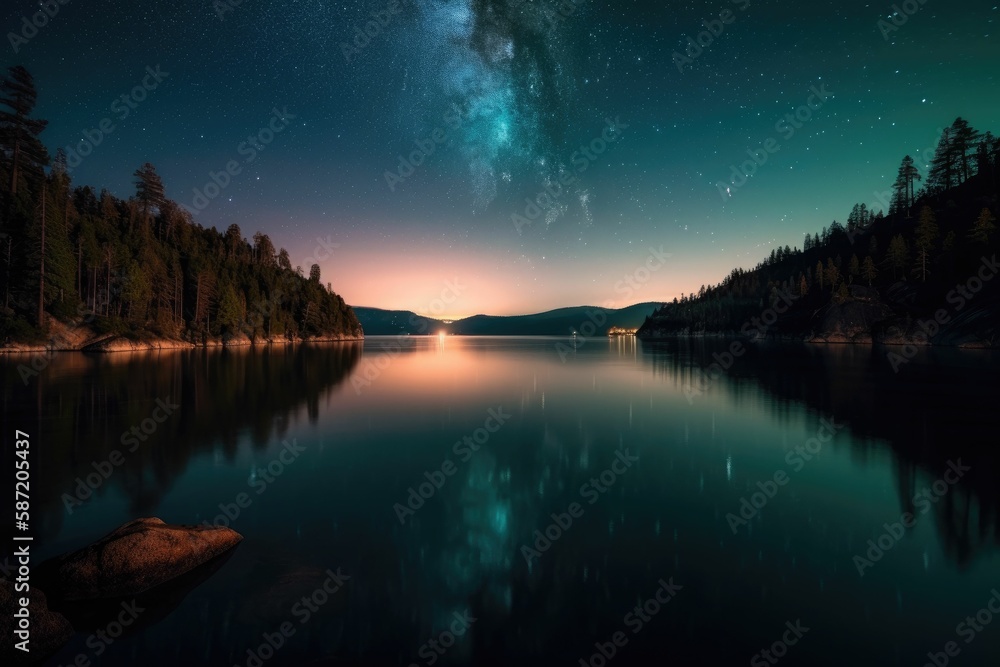 Lake over sunset. Generative AI. Lake over sunset. Generative AI.