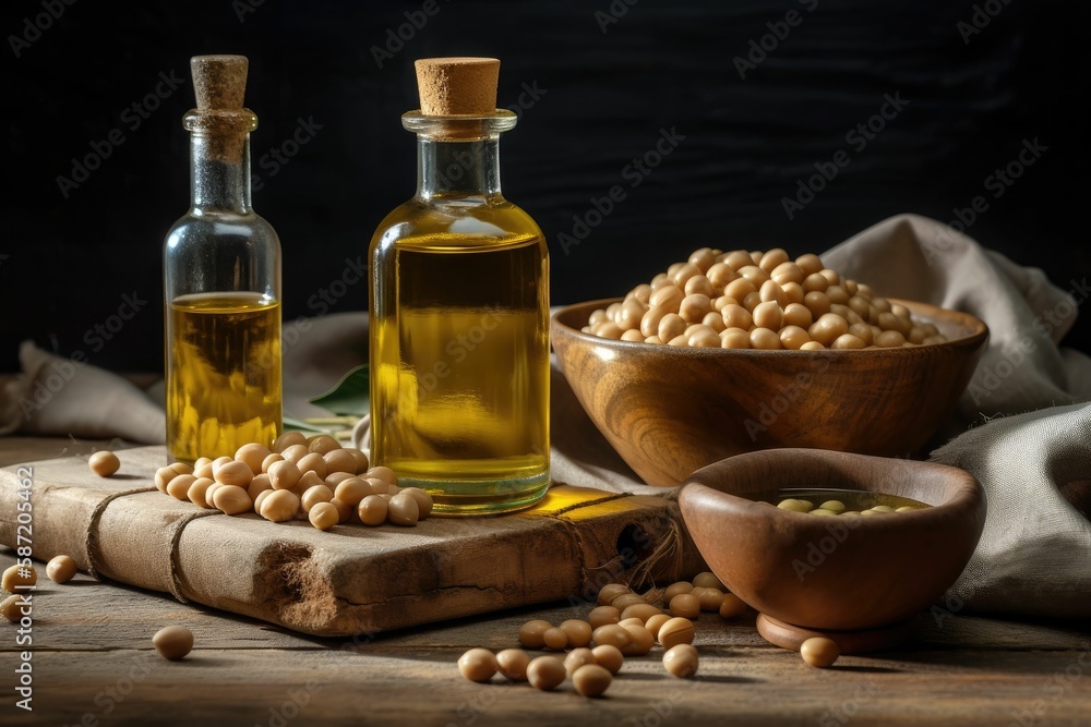 Soyabean oil with soyabean in the background. Generative AI. Soyabean oil with soyabean in the background. Generative AI.