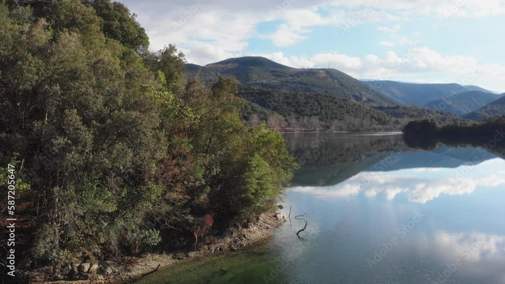 Low altitude drone flight over Mountain lake sunny summer day panning left Low altitude drone flight over Mountain lake sunny summer day panning left