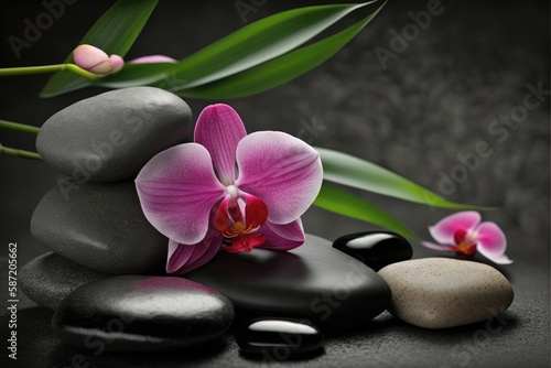 Zen Spa Stones With Pink Orchid And Bamboo. Generative AI