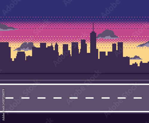 Pixel art road with city silhouette, clouds. Sunset or sunrise gradient background. Background for racing.