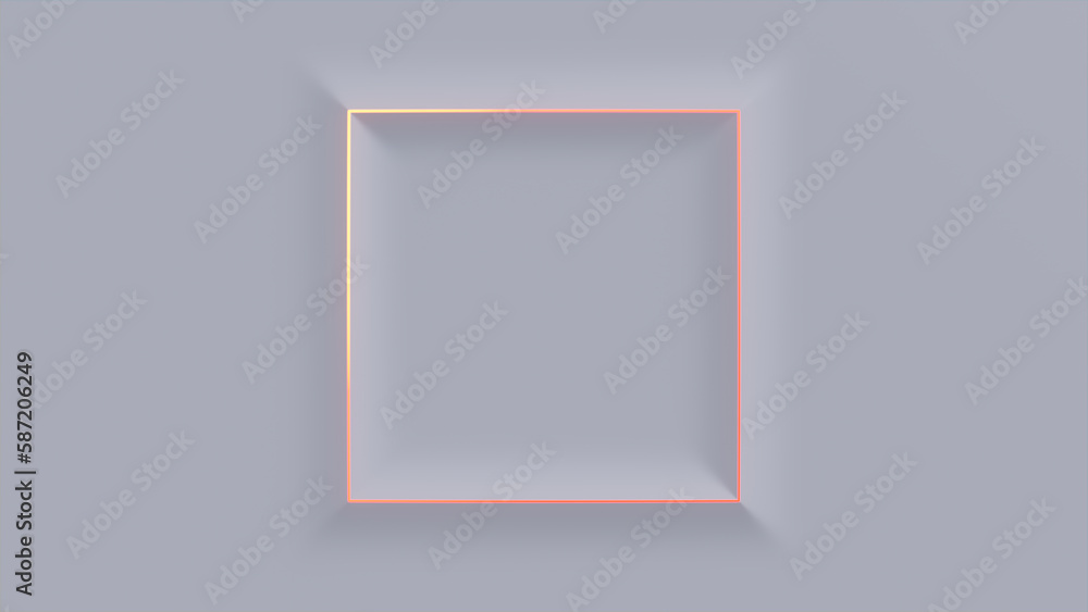Minimalist Tech Background with Raised Square and Orange Illuminated Edge. White Surface with Embossed 3D Shape. 3D Render. Minimalist Tech Background with Raised Square and Orange Illuminated Edge. White Surface with Embossed 3D Shape. 3D Render.