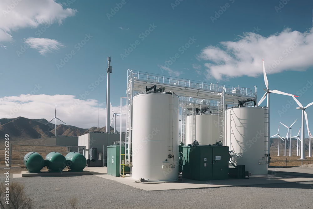 Green Hydrogen renewable energy production facility - green hydrogen gas for clean electricity solar and windturbine facility - obrazy, fototapety, plakaty 
