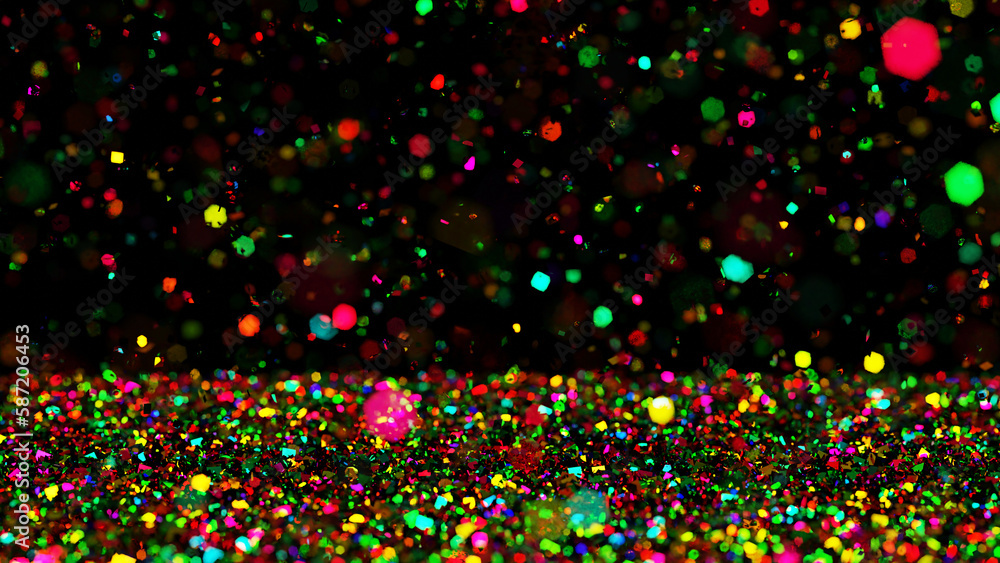 colourful glitter, shiny particles on dark background with depth of field effect, 3d rendering