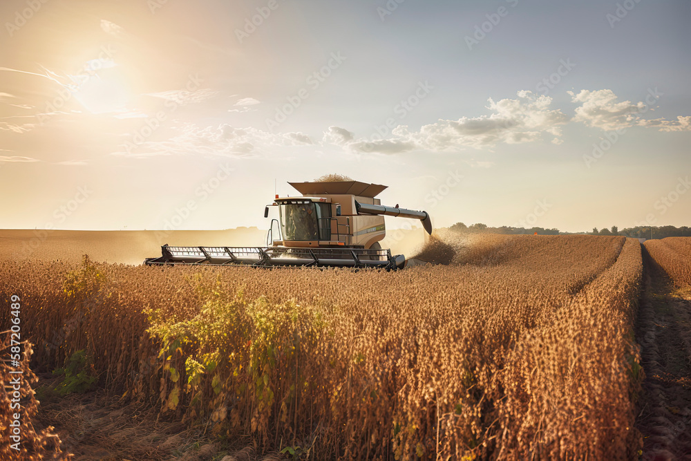 Fototapeta premium Harvesting of soybean field with combine.Generative AI