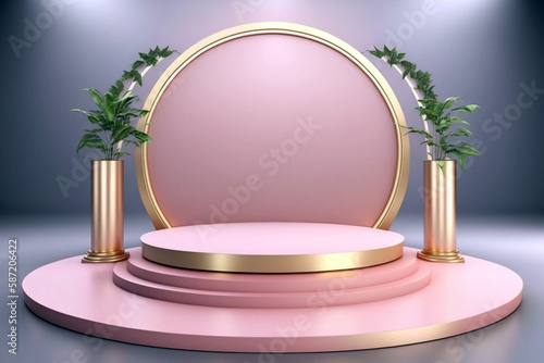 Empty pink podium mock-up for product display with plants decoration. Generative AI illustration