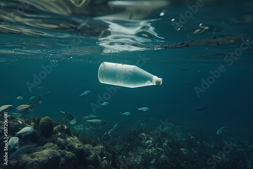 Plastic bottle floating in ocean with aquatic animal, fish. Pollution of plastic and Garbage in open sea concept