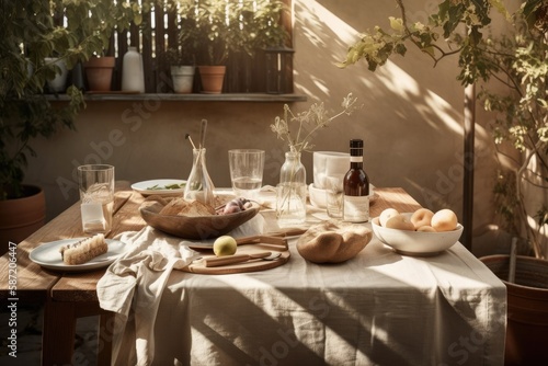 A chic outdoor kitchen scene featuring a wooden table  food  beverages  kitchen utensils  a beige tablecloth  and summer shadows. countryside ambience Template. Generative AI
