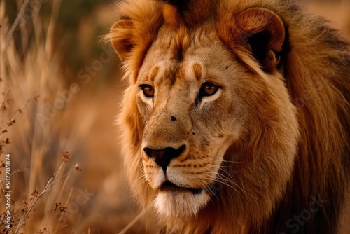 South African Wildlife Reserve Lion, Panthera Leo. Generative AI © AkuAku