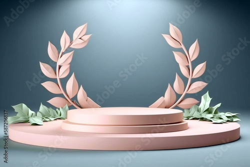 Beautiful empty podium mock-up for product display with pink color and plants decoration on blue background. Generative AI illustration