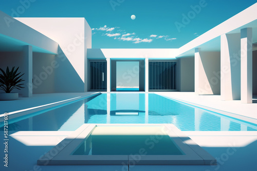 Beautiful and relaxing swimming pool with contemporary architecture on sunny day. Genera © ardanz