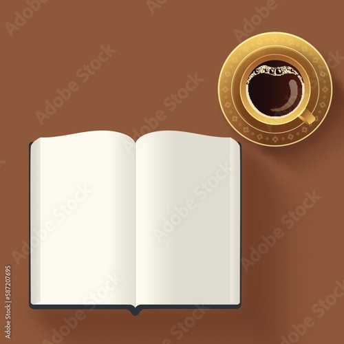 Top View of Open Book With Blank Pages, Tea Cup Element On Brown Background.