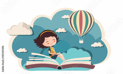 Cute Girl Character Sitting On Open Book With Hot Air Balloon On Clouds Background.