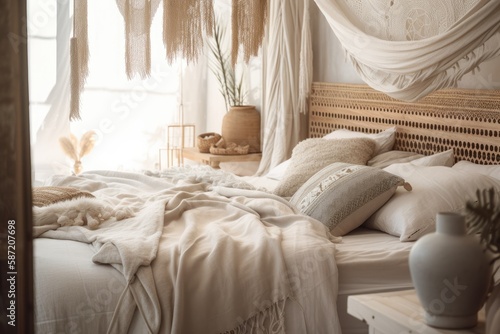 White and beige canopy bed bedroom closeup. Pillows, duvet, and blankets. Bohemian rattan and bleached wood. Boho decor,. Generative AI